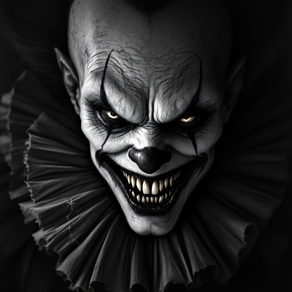 AI generated: Unsettling freaky clown portrait, sinister expression, black and white, harsh shadows, creepy smile,...