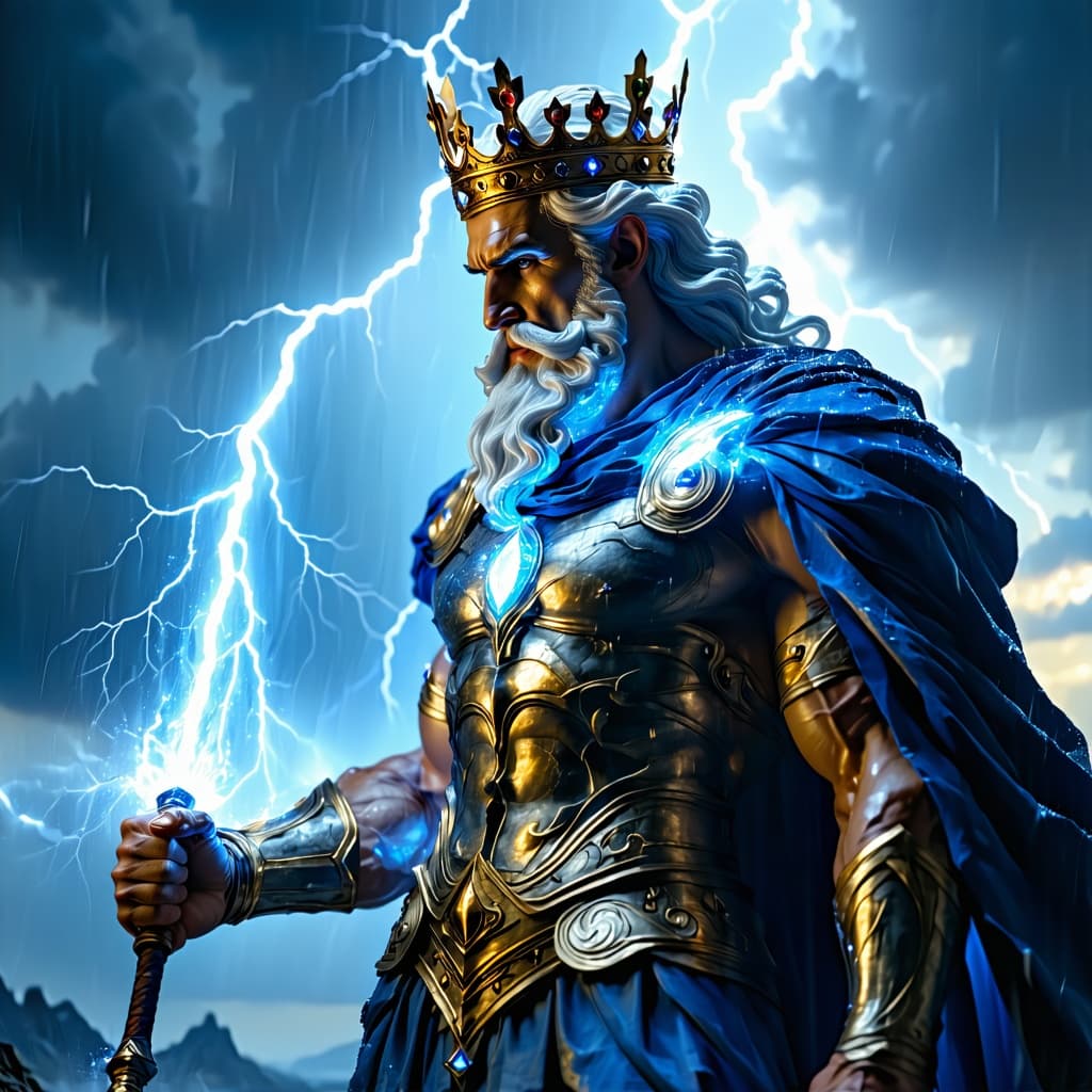 AI generated: God of thunder(greek roman mythology:Zeus), supreme ruler of Olympus and lord of the sky,Armor that ...