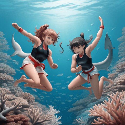 AI generated: Two girls dressed in karate equipment swimming in a coral reef with a peaceful and happy shark. Mang...