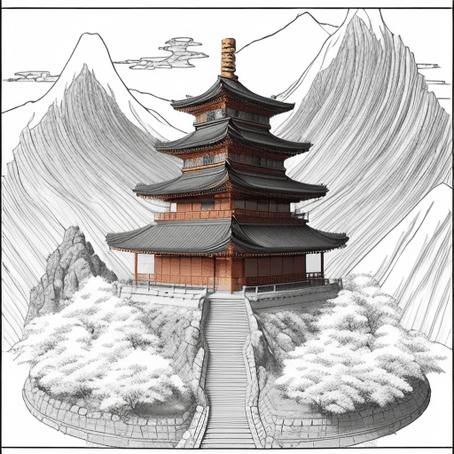 AI generated: Dragon flying in Fantasy landscape set in mountains, Japanese temple, Asian anime like, Asian anime ...