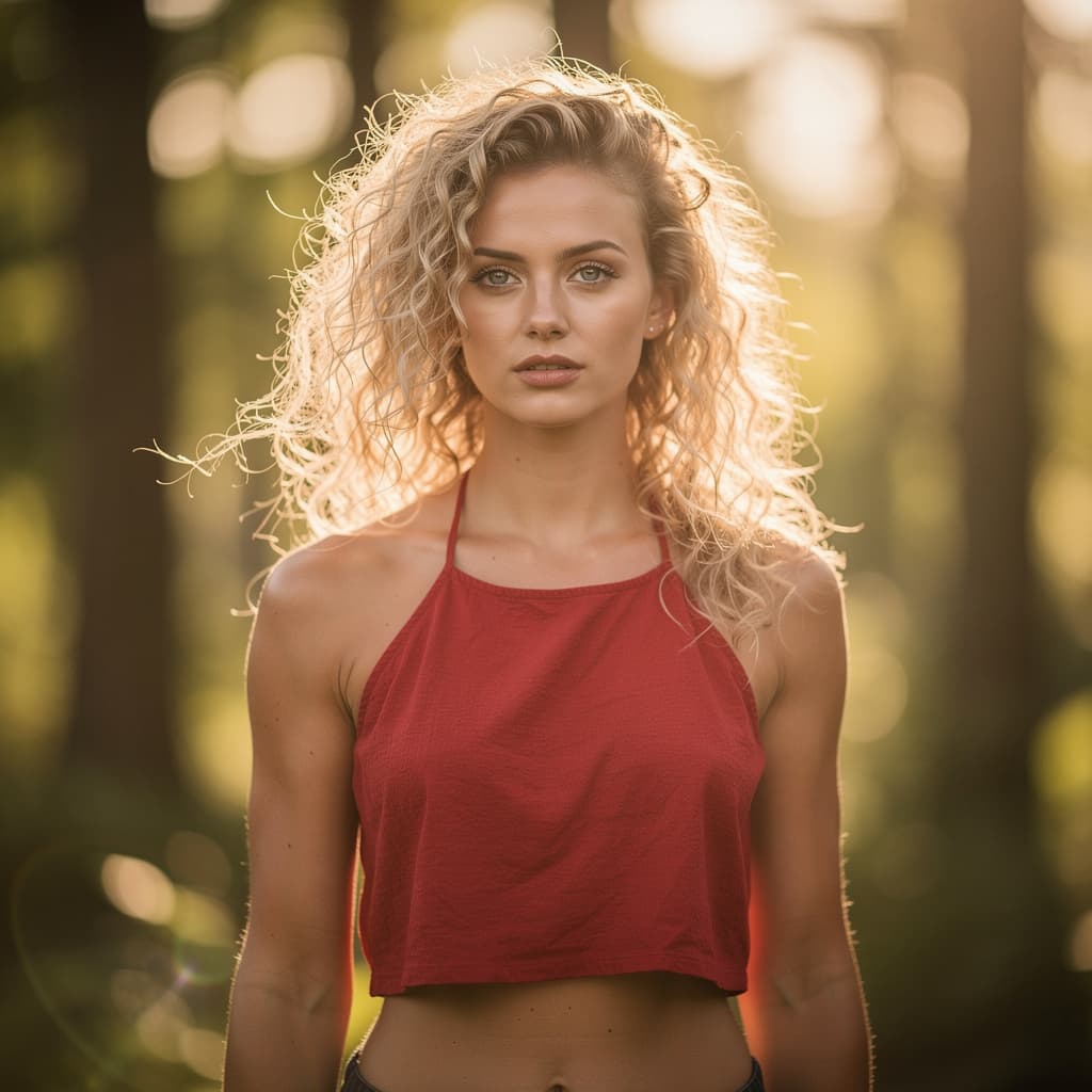 AI generated: A fit 25yo woman with curly blonde hair stands outdoors in natural sunlight filtering through trees....