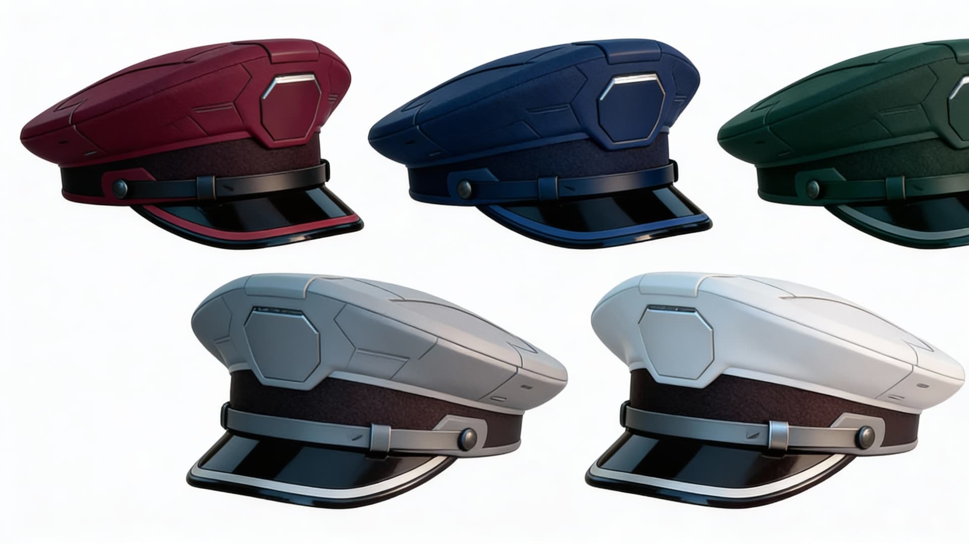 AI generated: Create a Sci-Fi uniform Cap. Use the Reference image and display five male caps. One Dark Red, one D...
