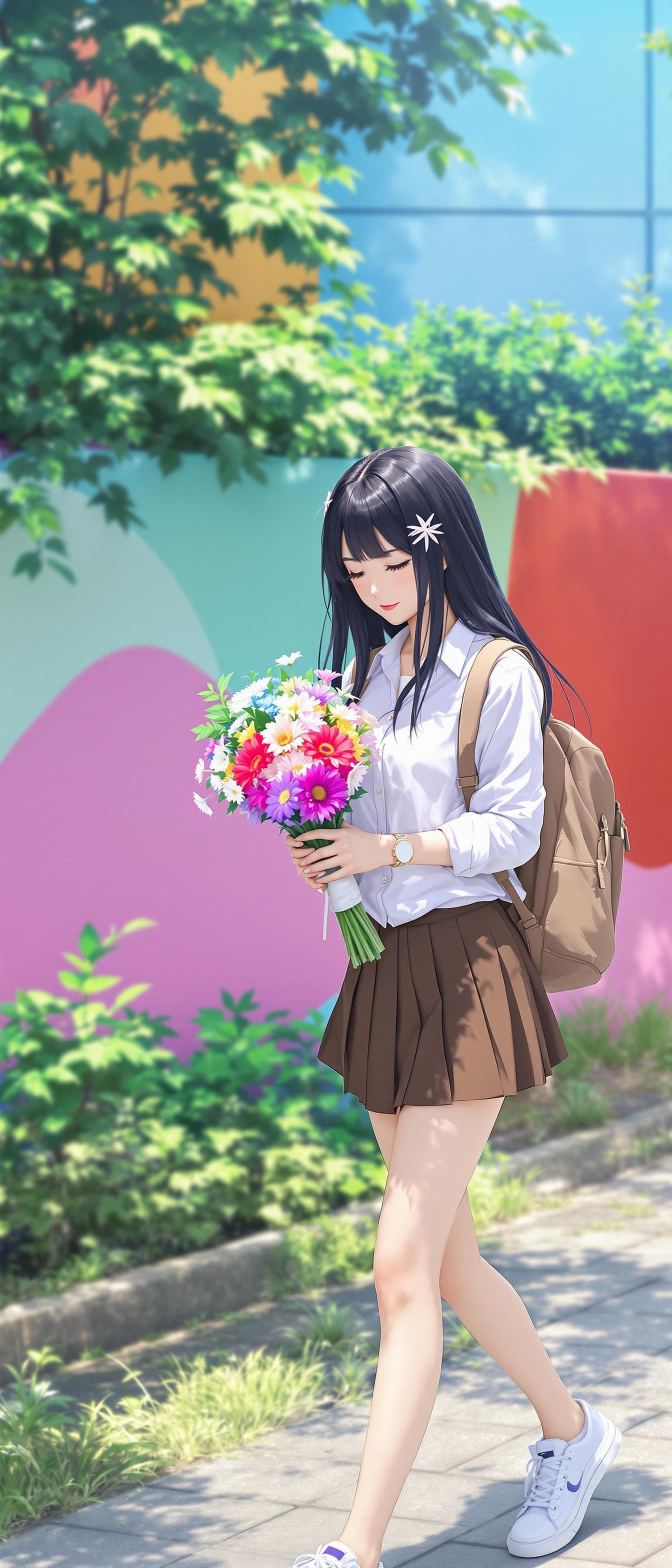 AI generated: In the image, ((full body:1.4)), a anime realistic is seen walking outdoors, Lowering the face to th...