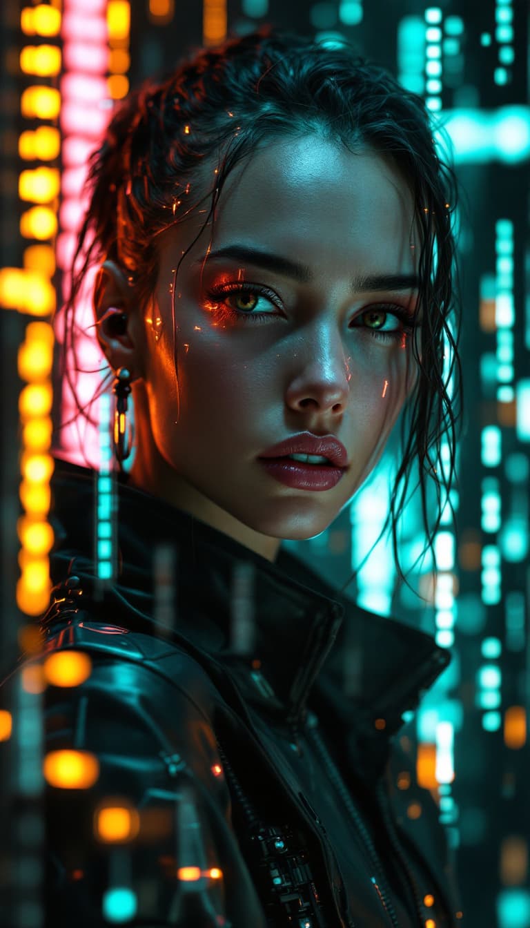 AI generated: Portrait of a futuristic cyberpunk data runner, centered, with glowing neon accents, in a matrix-sty...