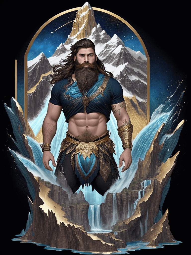 AI generated: "(alcohol ink: 1.2), (fantasy illustration: 1.3), (flat: 1.4), gold foil accents, mysterious masculi...