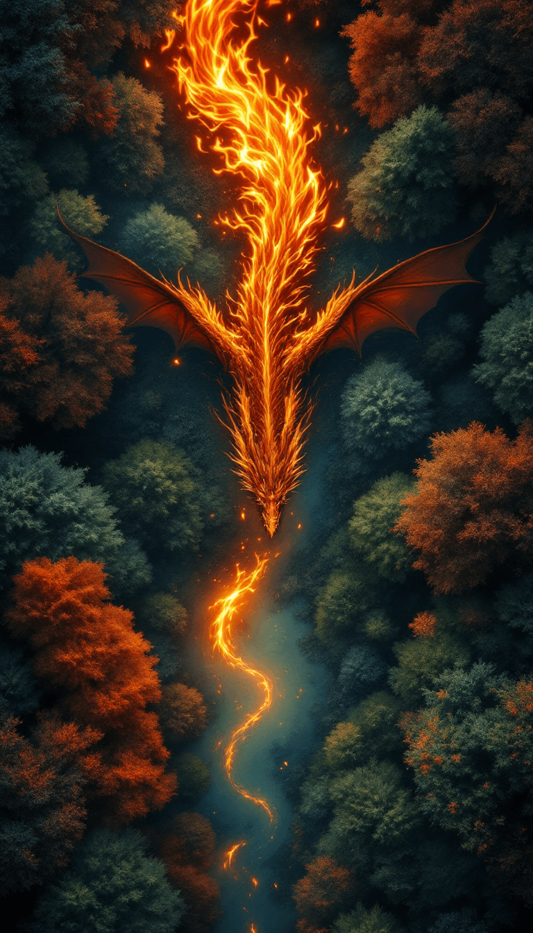 AI generated: Top down aerial shot looking down at a dragon in a forest on fire --v 6.0 --style raw