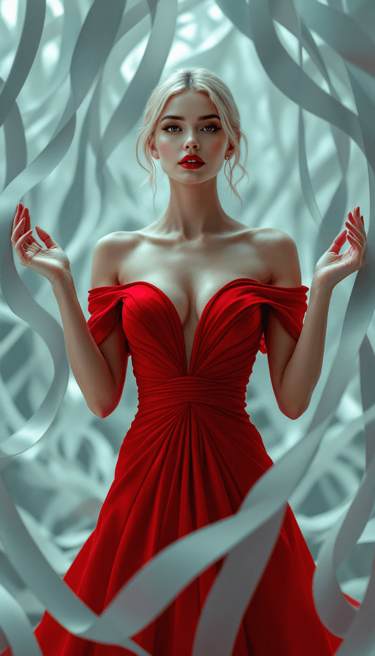 AI generated: The image features a woman standing confidently with both hands lightly touching the swirling, ribbo...