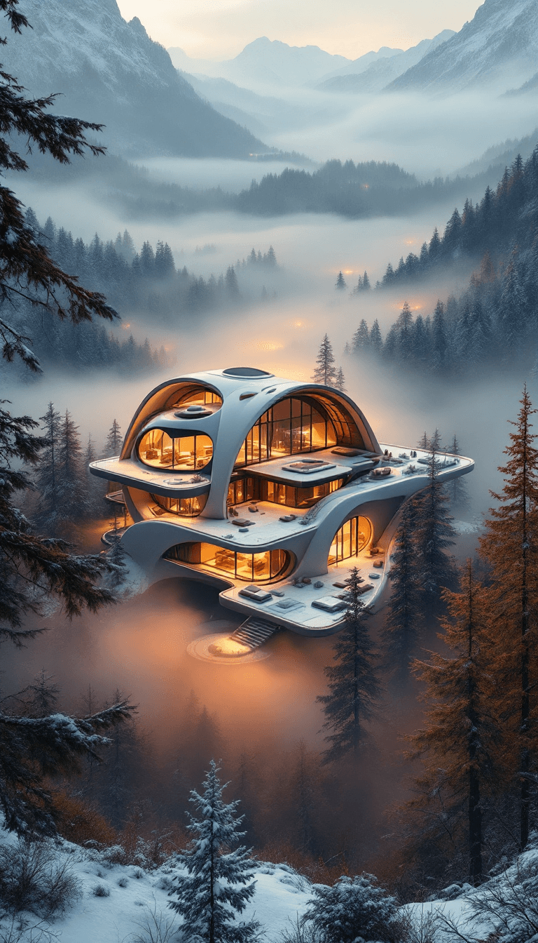AI generated: Wide angle photo of a modern futuristic house in a valley surrounded by fog and trees, in the style ...
