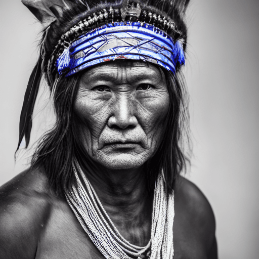 AI generated: portrait photo  of a asia old warrior chief,  tribal panther make up, blue on red, side profile, loo...