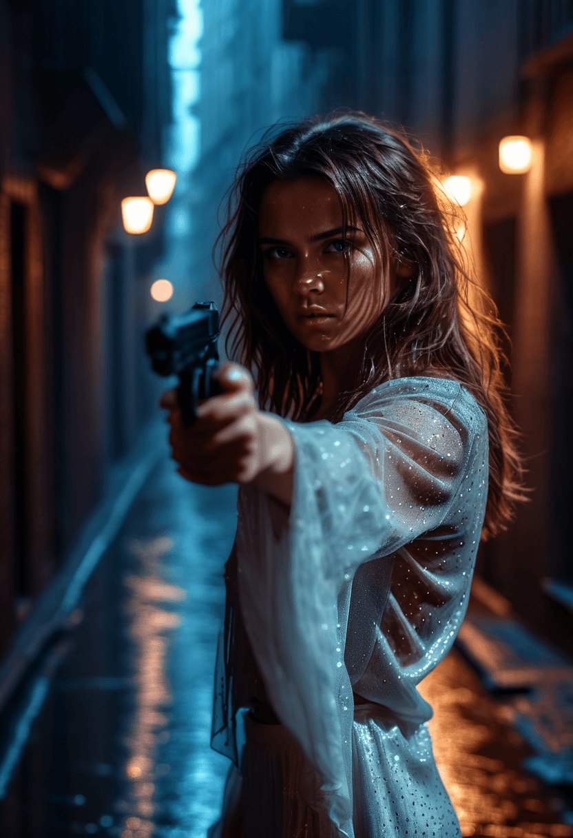 AI generated: cinematic, silhouette photograph of a serious woman pointing a handgun in a dark alley at night afte...