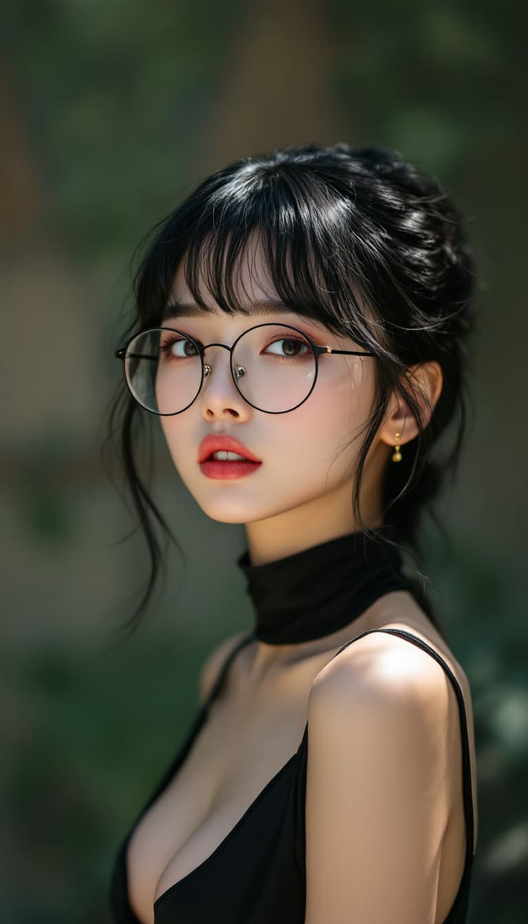 AI generated: korean female model gorgeous ulzzang come hitter look, small lips, shiny hair Black with bangs weari...