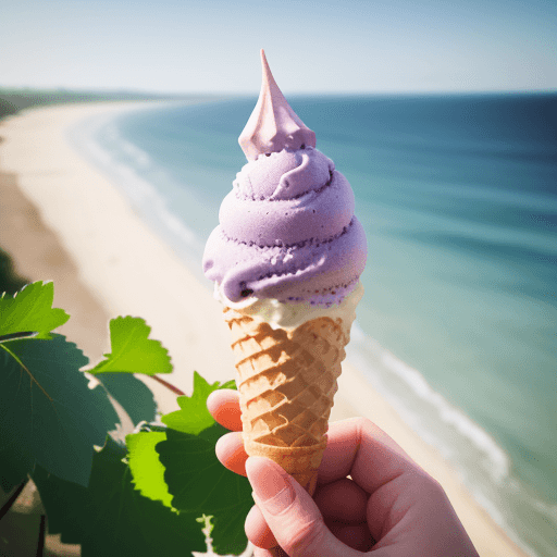 AI generated: a grape ice cream cone，beside the ocean