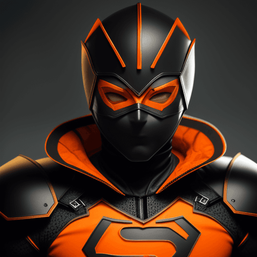 AI generated: crisp focus) a young black superhero with orange cape, orange armor and matte black details, young m...