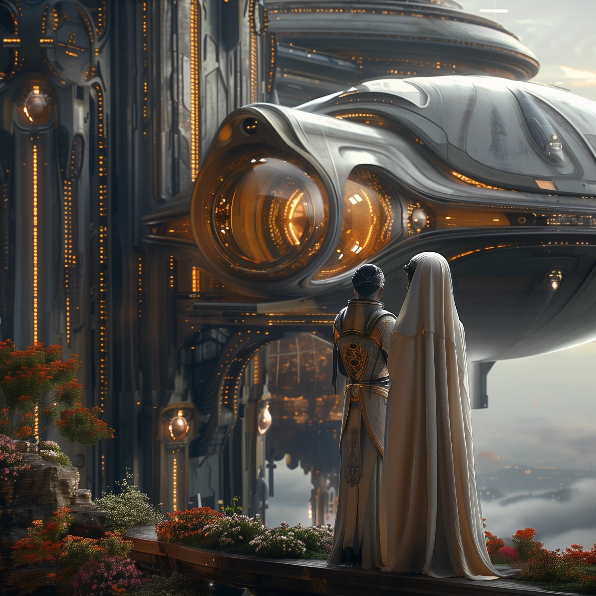 AI generated: a man and woman from another world standing in front of a building on a habitable planet, architectu...