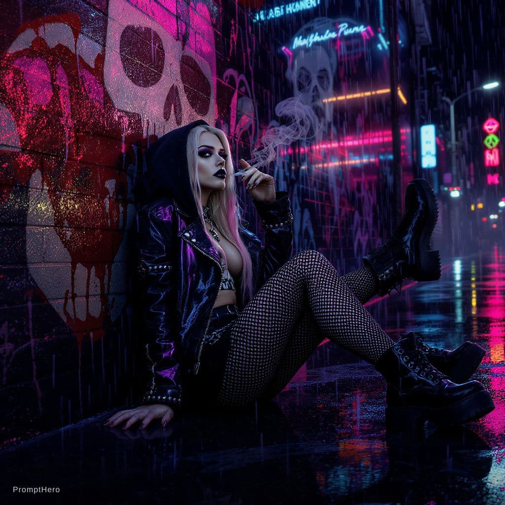 AI generated: Photorealistic ultra-detailed 8K cinematic photograph of a stunning 19-year-old gothic beauty sittin...