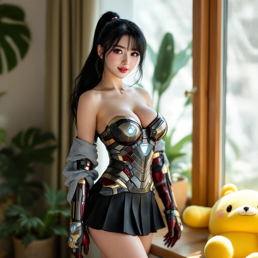 AI generated: a woman action figure character girl , Koren ulzzang face, standing near the window, black hair, pon...