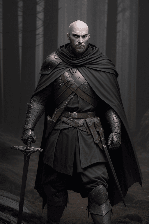 AI generated: portrait of a young ranger man with a cold stare wearing a ((black cloak)) and armor (holding a swor...