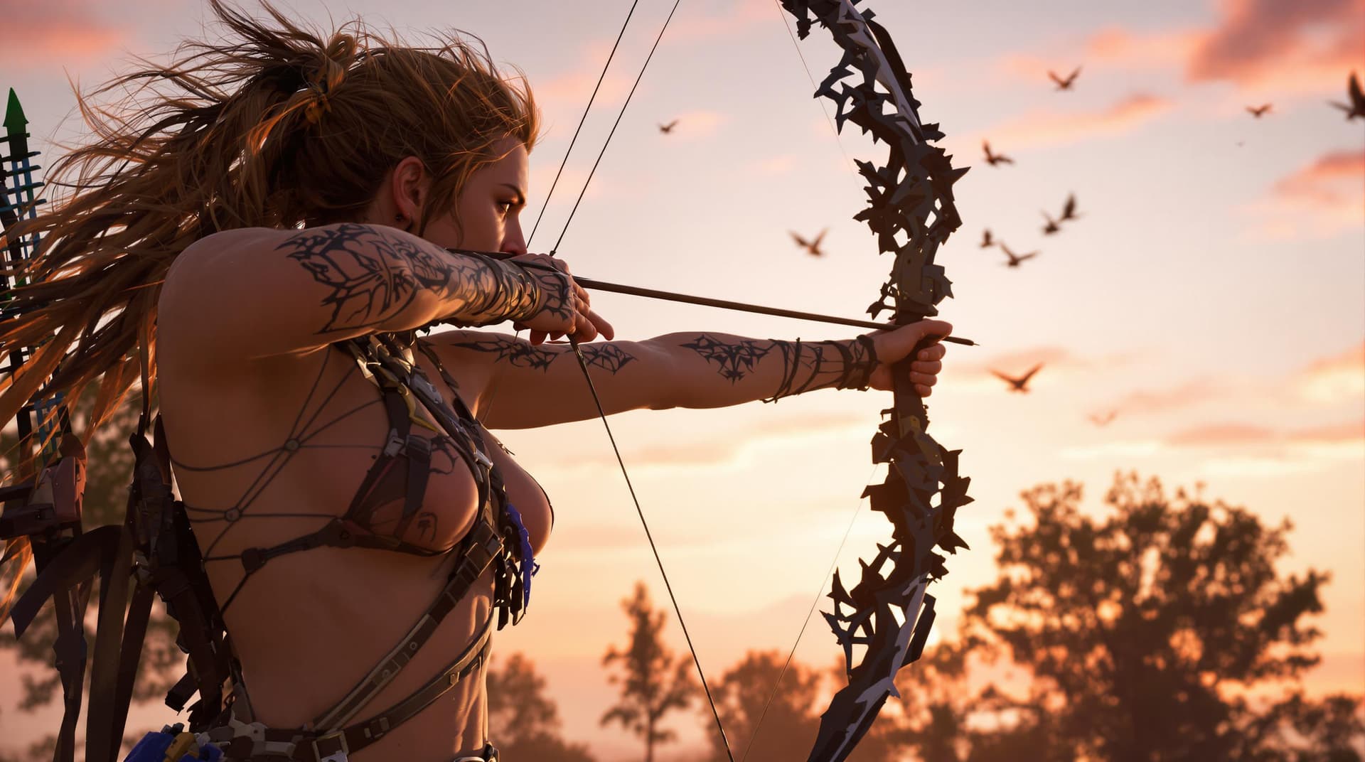 AI generated: A hyper-realistic side view, full-length shot, full body photograph of Aloy from Horizon zero Dawn w...