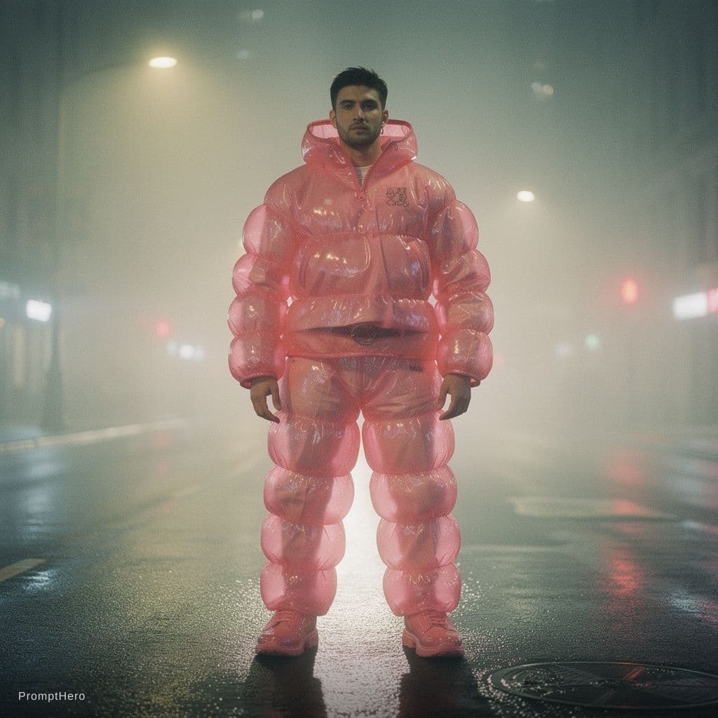 AI generated: fashion photography, man model in full-body, front central view, wearing an oversized fluffy and vin...