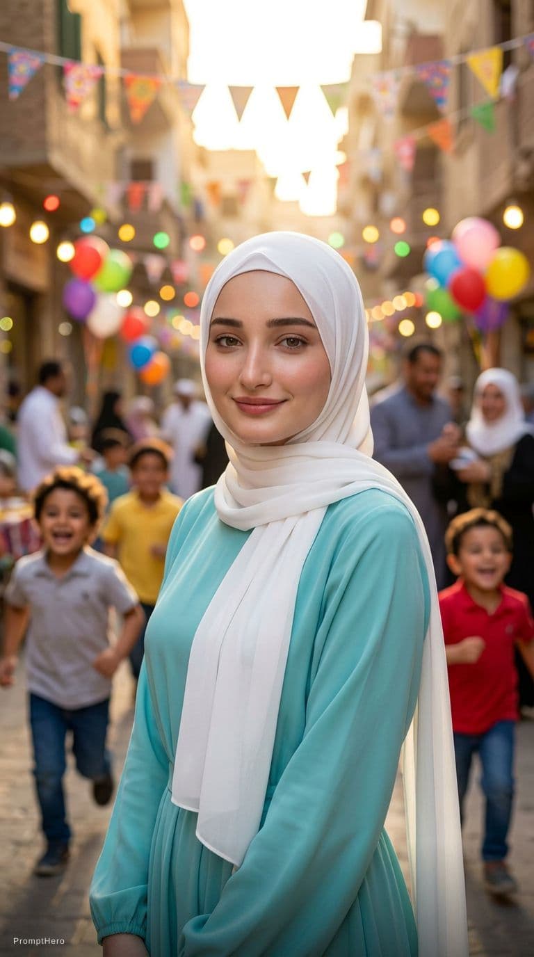AI generated: A stunning 8K cinematic close-up portrait of a modest Egyptian girl standing in a lively street duri...