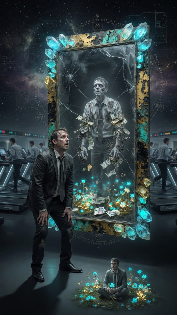 AI generated: Dramatic cinematic shot of the man now stopped, standing exhausted before a massive mirror that floa...