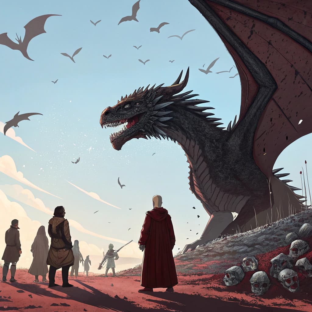 AI generated:  people are standing under a dragon watching other skulls, in the style of concept art, light sky-bl...