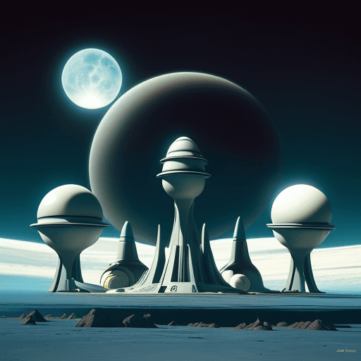 AI generated: A retrofuturistic scene of an alien planet with three large, sleek oval shaped structures standing t...