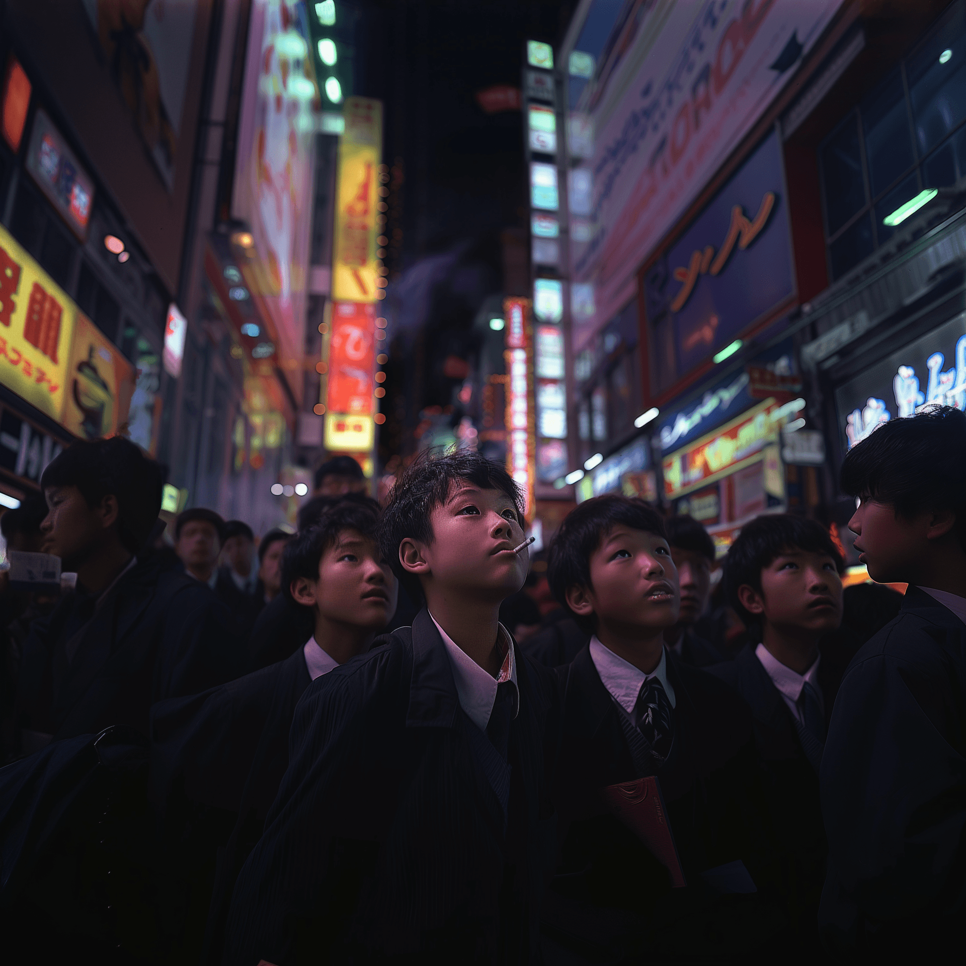 AI generated: At the night of Kabukicho, Shinjuku with neon nights and crowded people who are all children wearing...