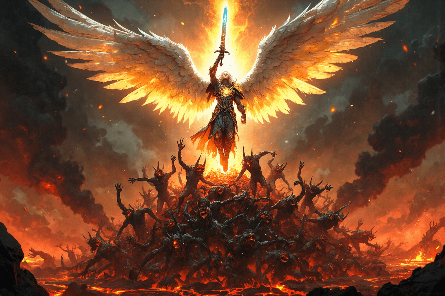AI generated: An epic, gritty scene (1.8) in the style of Makoto Shinkai (1.6), showcasing an archangel ascending ...