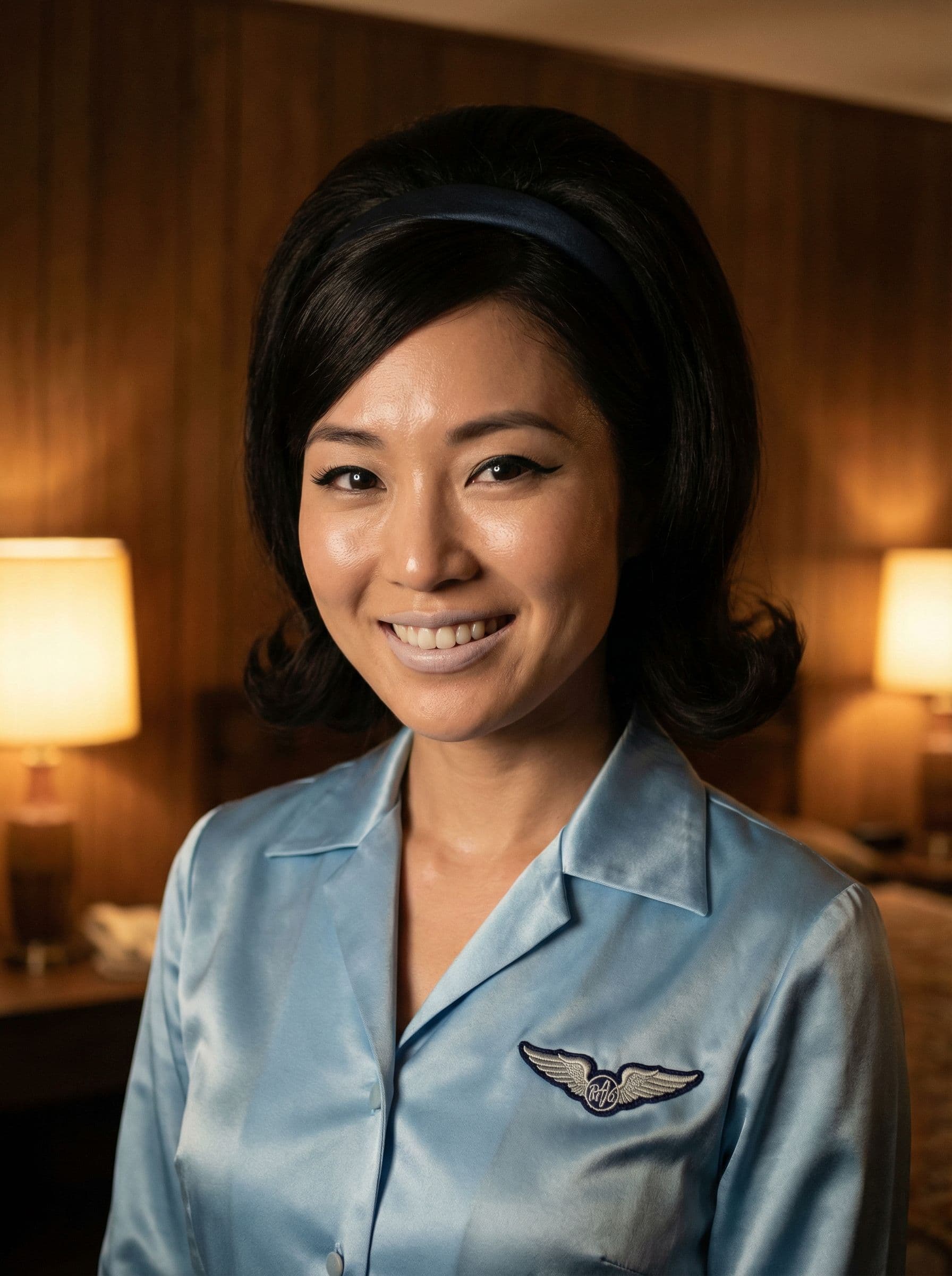AI generated: Canon 50d, 100mm, (((breathtaking:1.5) smiling (Japanese) stewardess)), close-up photo, standing, hi...