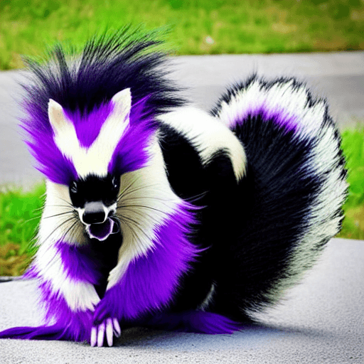 AI generated: skunk furry with purple fur, blue hair, forcing a feral dog to suck his penis,