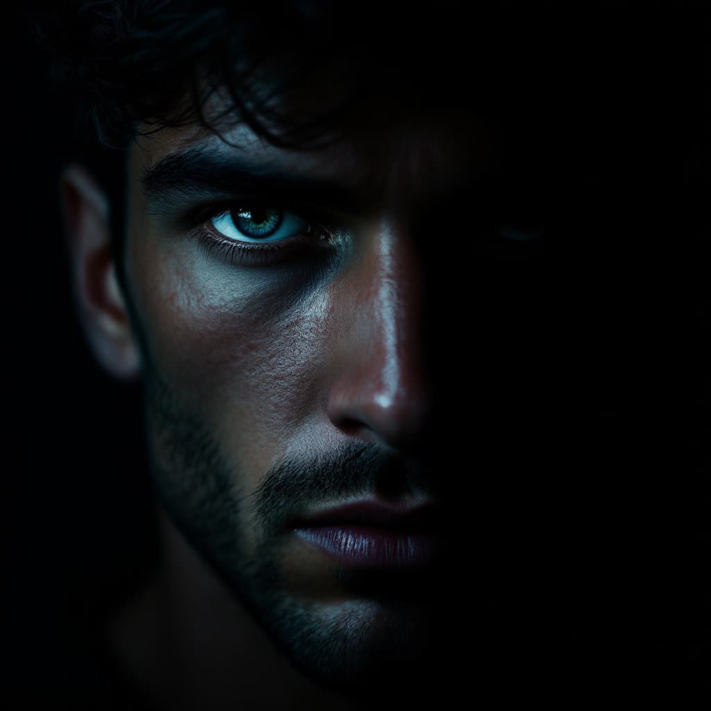 AI generated: photography, dramatic portrait of a man, his face partially obscured against a black background, cre...