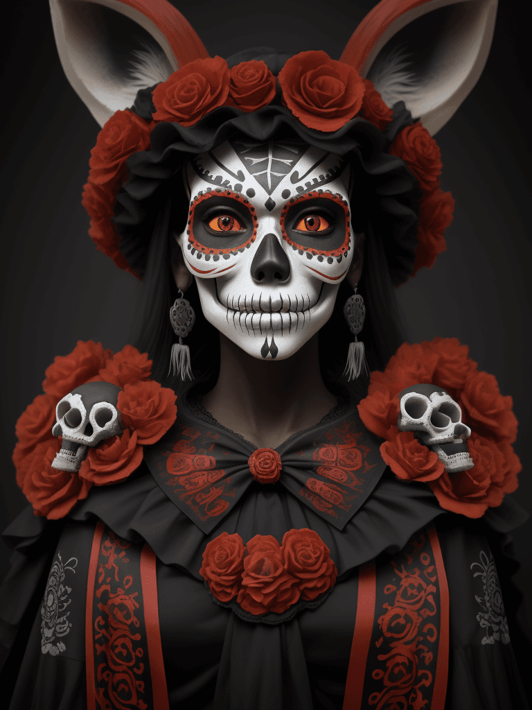 AI generated: Red Fox Skull Face painting style, Day of the Dead celebrations Mexico, background Cementery  resolu...