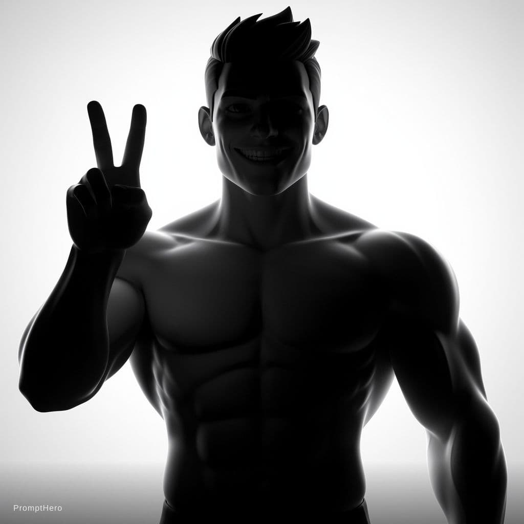 AI generated: score_6, score_5, score_4, 3d, censored, close-up, muscular, teeth, monochrome, peace_sign, nude