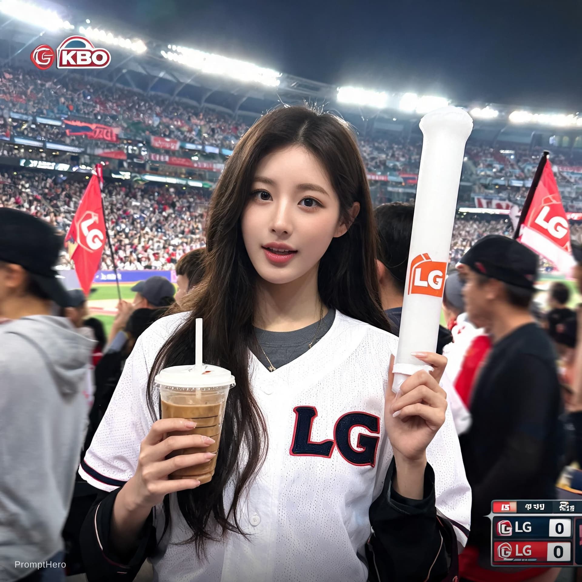 AI generated: Create an ultra-realistic candid KBO baseball broadcast screenshot of the same woman accidentally ca...