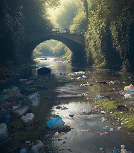 AI generated: small river polluted by garbage between vehicle roads 8k, intricate detail, photorealistic, realisti...