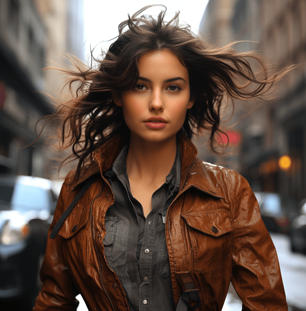 AI generated: a young woman walking along the street wearing a brown leather jacket, in the style of exaggerated f...