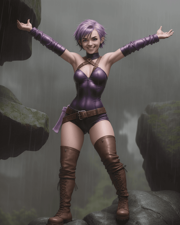 AI generated: image of a rogue girl in a D&D world, standing on a boulder in the rain, soaking wet, mischievous gr...