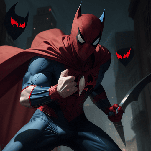 AI generated: we are seeing a white skin vampire man like superhero, in a red and blue sleeveless superhero type s...