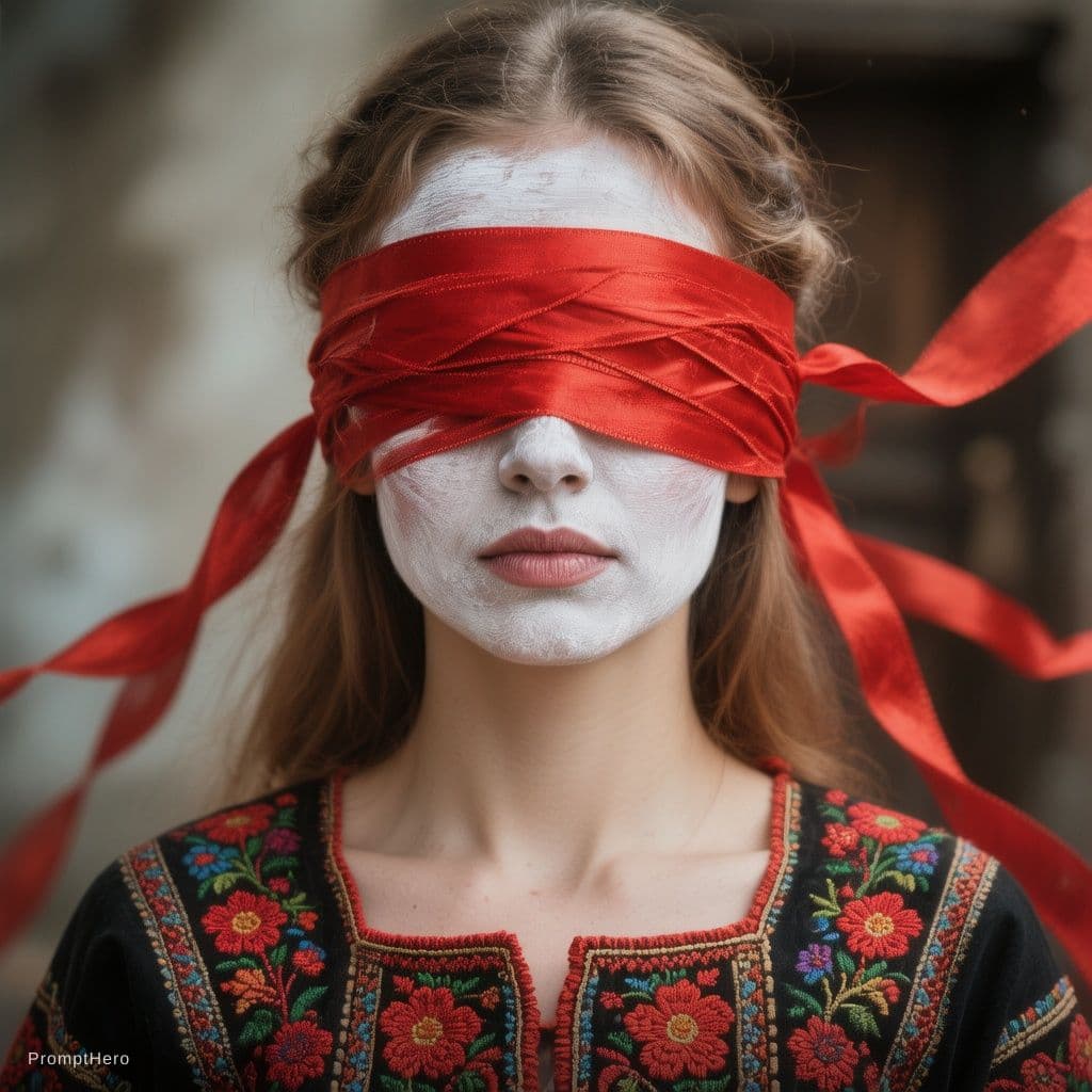 AI generated: eyes are blindfolded with red ribbons like a blindfold, the skin of the face is painted with white p...