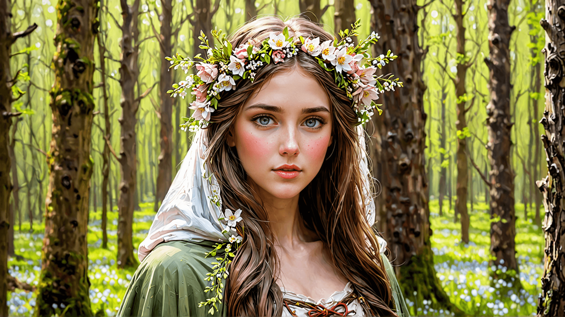 AI generated: Pagan young blushing maiden, in a woodlands cloak, springflowers in her hair, in a early spring wood...
