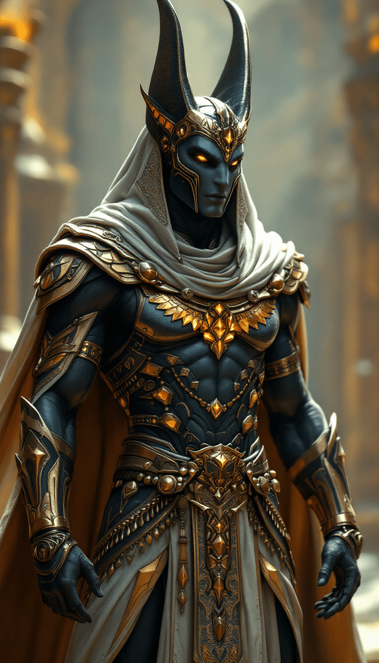 AI generated: Male Anubis, egypt god, fantasy light armor withe many accessories and detailles, beauty, 4k, ultra ...
