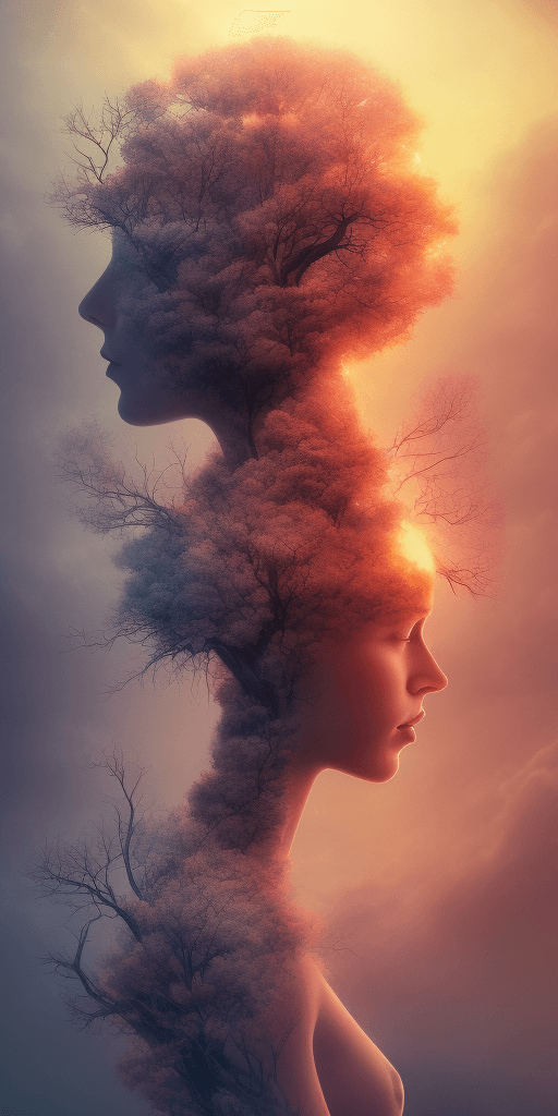 AI generated: Nature exploding out a humans head, trees, flowers, mountain, sunset, nature mind, expressive creati...