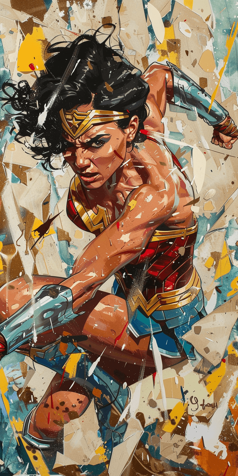 AI generated: Comic book art, female superhero ripping through a paper wall, feminine yet fierce, in the style of ...