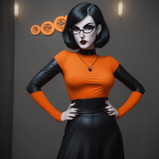 AI generated: create image of woman, style goth girl astestic, velma from scooby-doo, a woman wearing eye glasses ...