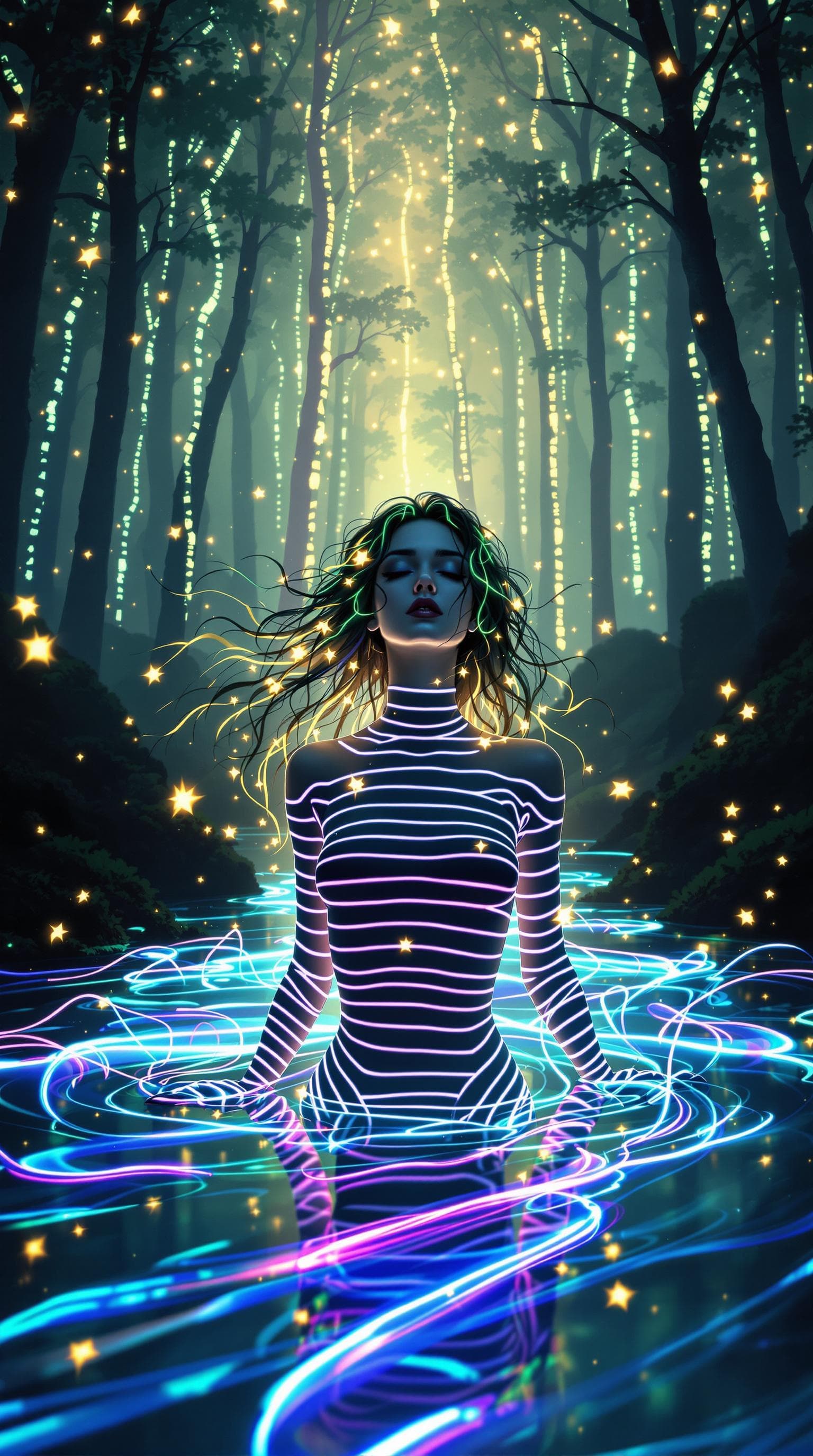 AI generated: Enhancing the surreal scene of the striped lady emerging from wavy striped liquid, let's add an elem...
