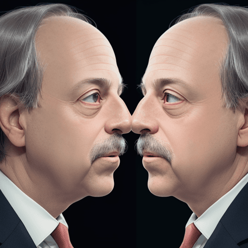 AI generated:  an image of a close Ray Dalio's  and Jim Simons' faces facing each other face to face  