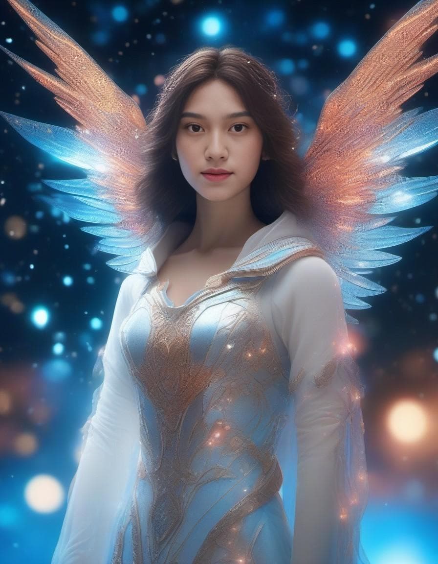 AI generated: Full body, Small (Ultra-detailed angel in a spaceship) highly detailed incorporeal fairy made of lig...
