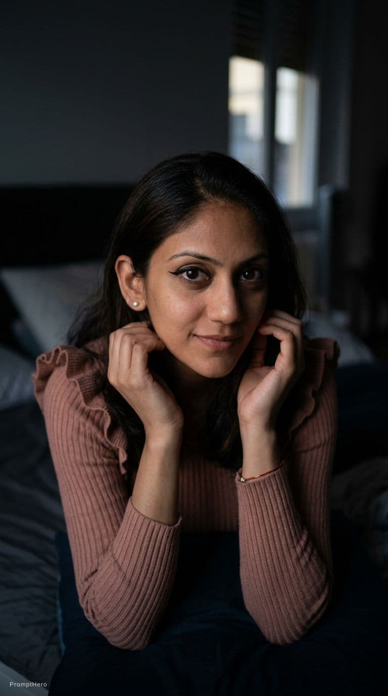 AI generated: looking at me. Sitting on a bed at night(no lights), wearing same (cleavage) dress, teasing, keep or...