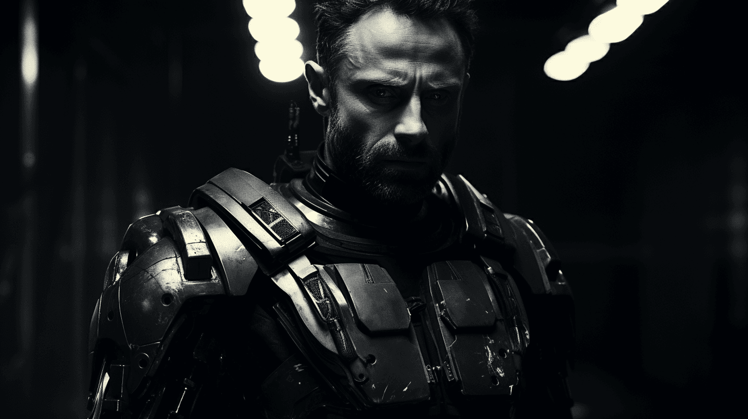 AI generated: andrew lincoln as a cyberpunk soldier, 16-35mm lens, f/1.8, global illumination, natural light, upli...